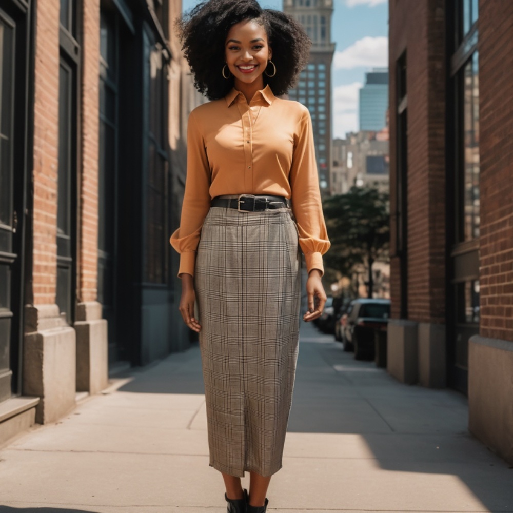 Calvin Klein Gray Plaid Pencil Skirt with Mustard Top
